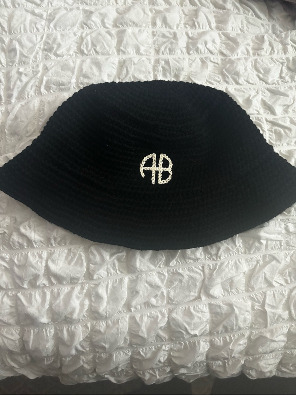 Anine Bing Black Crochet Bucket Hat with AB Logo